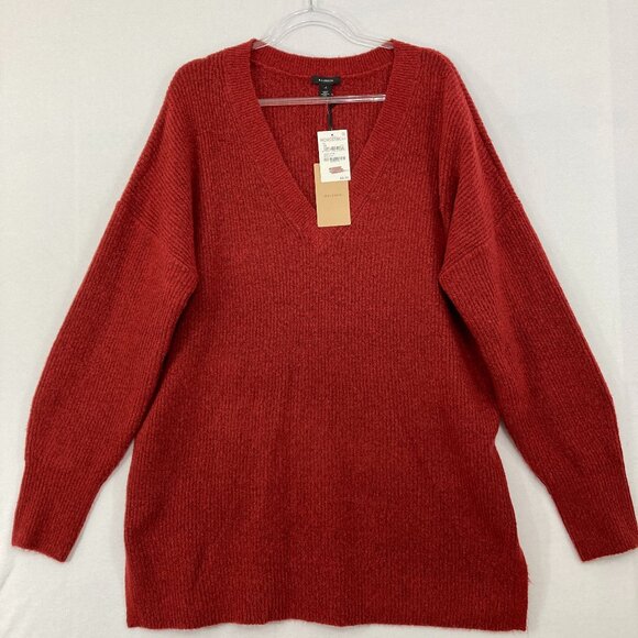 New Halogen size XL Red V neck Rib Knit Side Slit Cozy Knit Tunic Sweater - Picture 1 of 13